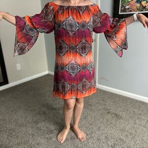 Orange Pink Off-Shoulder Bell Sleeve Sheath Dress